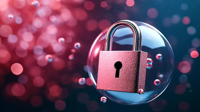 A high-tech padlock surrounded by glowing particles and a translucent sphere, symbolizing impenetrable data security.