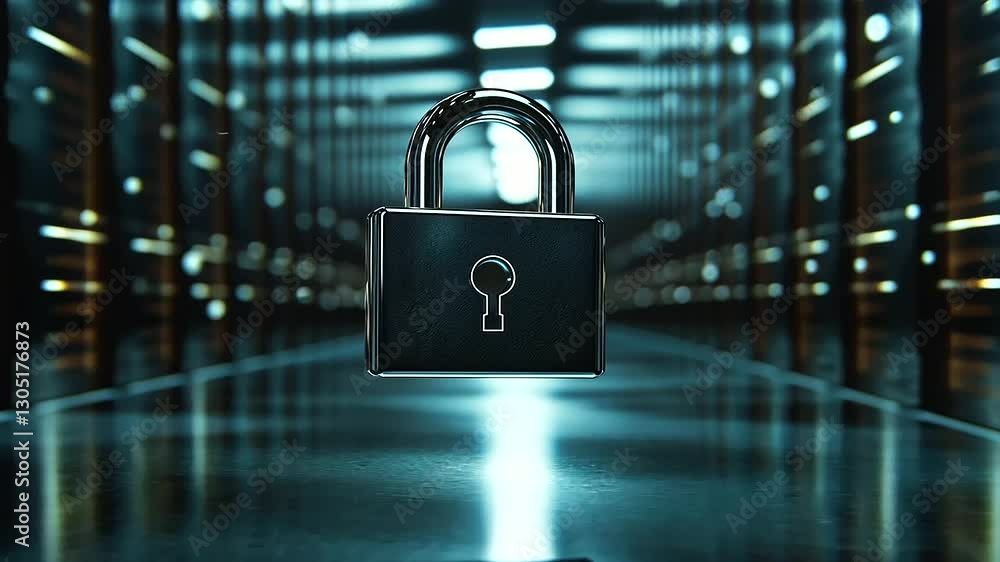 Aufkleber a floating digital padlock in front of a massive wall of virtual servers, highlighting secure storag