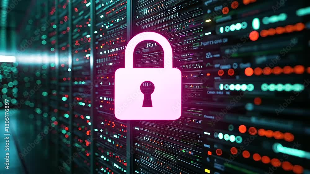 Poster a floating digital padlock in front of a massive wall of virtual servers, highlighting secure storag