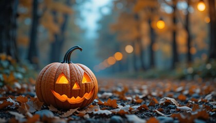 Halloween Pumpkin, Spooky Halloween pumpkin lantern on tree in the dark, Close-up picture of scary halloween jack o lantern on forest background