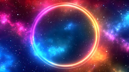 A Colorful Neon Circle Illuminated Against a Cosmic Space Background