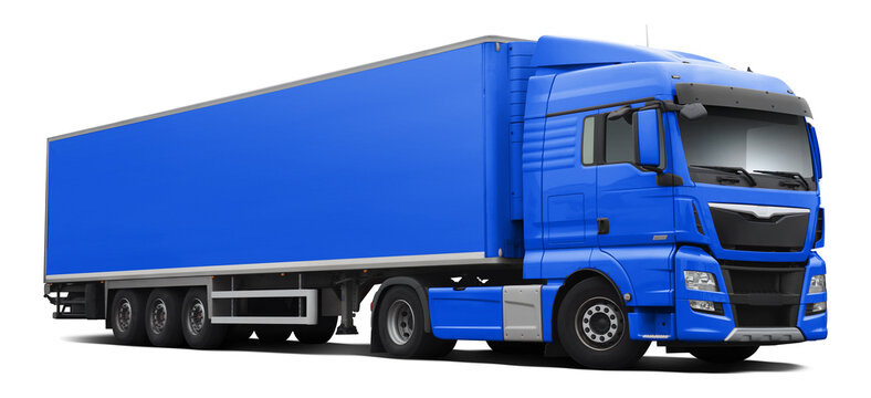 Fototapeta A modern European truck with a cab and semi-trailer in full light blue. Front side view isolated on white background.