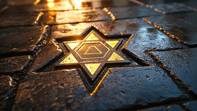 Star of david emblem on wet cobblestone reflecting sunlight creating golden glow evokes faith history and jewish heritage in europe streets