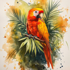 Colorful vibrant watercolor style parrot perched on a branch with a suggested jungle background.