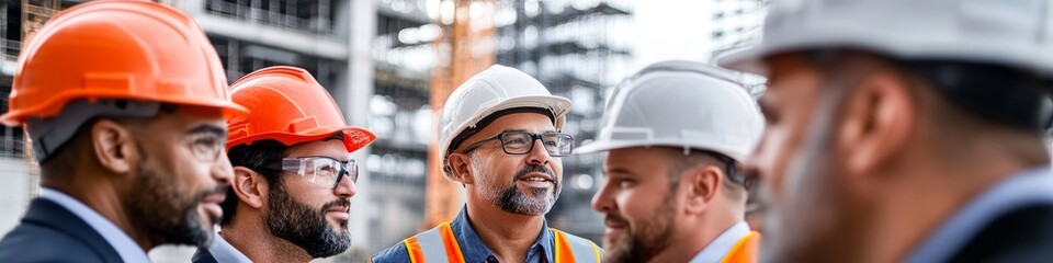 Construction Crew Collaboration: A diverse group of construction workers, donned in hard hats and safety vests, engages in a collaborative discussion on-site, symbolizing teamwork and problem-solving.