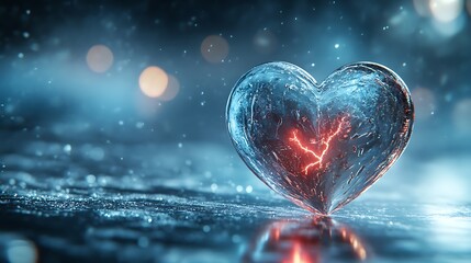Ice heart with lightning. Sparkly, blurred
