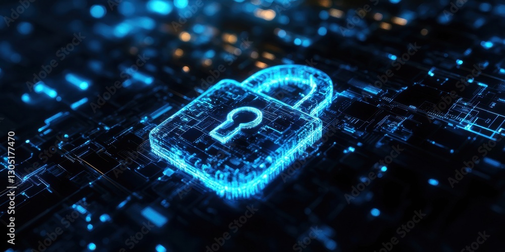 Aufkleber digital lock symbol glowing with vibrant blue lights over abstract circuit board background, represe