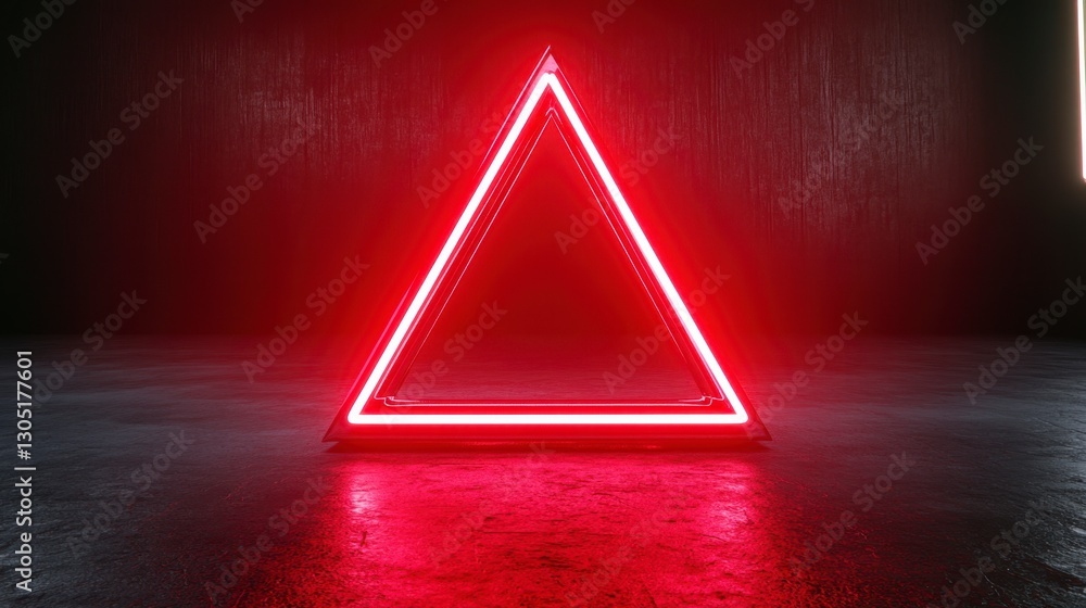 Poster red neon triangle light frame on dark reflective surface. glowing geometric shape in dark studio set