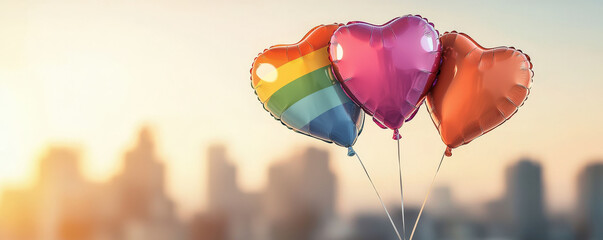 Heart shaped balloons in rainbow colors float against sunset skyline, symbolizing love and pride