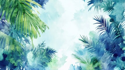 Vibrant summer jungle scene lush greenery watercolor art tropical paradise aerial view nature's serenity