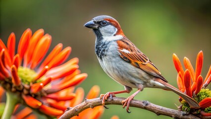 House sparrow perched on top of African Tulip tree branches, with its legs wrapped around a thick twig , avian