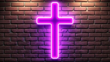 Purple neon cross glowing on a dark brick wall background. The vibrant light illuminates the rough texture of the bricks. A simple yet striking religious symbol.