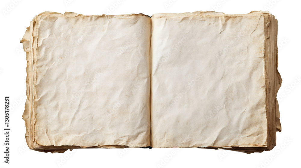 Poster open antique book with blank aged pages and transparent background, showing weathered paper texture 