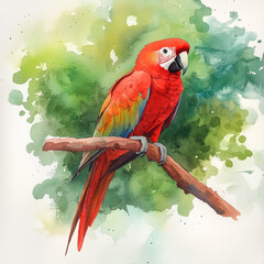 A scarlet macaw watercolor painting perched on a branch.