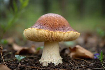 Fototapeta premium A Close up of a Mushroom Sitting on the Ground in the Woods - Generative AI