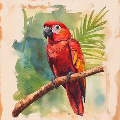 Colorful vibrant watercolor style parrot perched on a branch with a suggested jungle background.