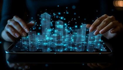 Designing futuristic cityscape on tablet