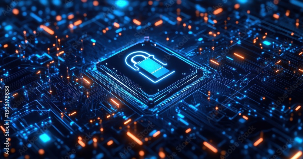 Poster digital lock symbol on microchip, representing cybersecurity, data protection, secure information te