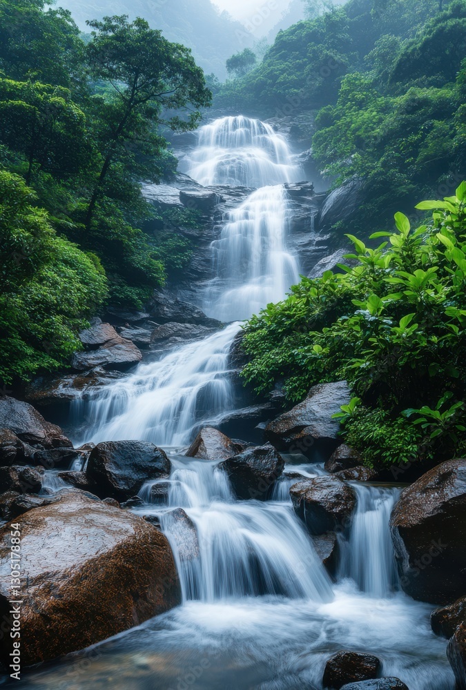 Poster tranquil waterfall surrounded by lush greenery in a serene forest setting with soft mist and flowing