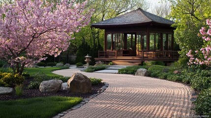 Fototapeta premium Blossoming cherry trees line a carefully designed garden featuring a tranquil wooden pavilion. A winding gravel path leads through lush greenery and decorative rocks, evoking calmness