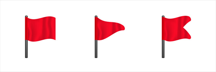 Three red flags are displayed on black poles, each shown from a different angle.