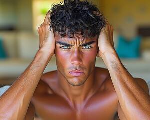 Frustrated man indoors, hands on head