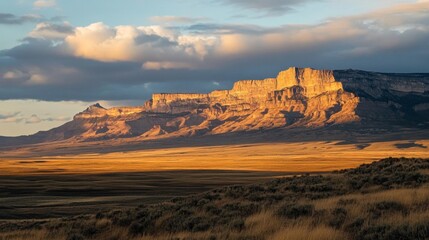 Fototapeta premium Mountain Range with Golden Sunset A stunning mountain range with a vibrant golden sunset casting long shadows across the rugged terrain.