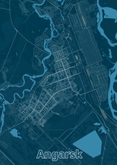 This detailed map showcases the city of Angarsk, Russia, rendered in a minimalist style with a dark blue background. The map highlights the city's street network, major roads, and waterways.