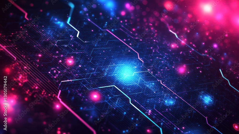 Poster abstract circuit board glowing in vibrant colors. possible stock photo use background image for tech