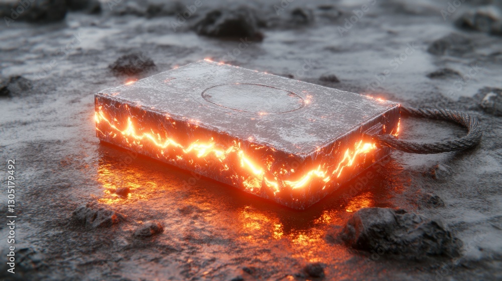 Poster glowing orange energy pulses within a dark gray rectangular object resting on a rough, gray surface.