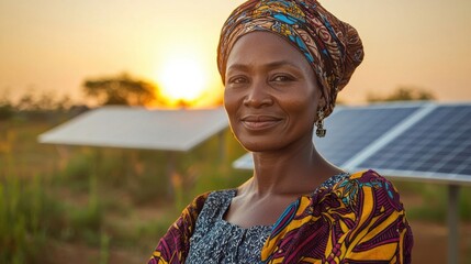 A strong woman stands confidently in front of solar panels at sunset, showcasing her commitment to renewable energy and sustainable living in a rural area