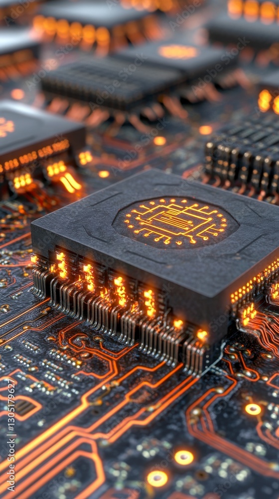 Poster close up view of a circuit board with glowing orange components. a central processor with intricate 
