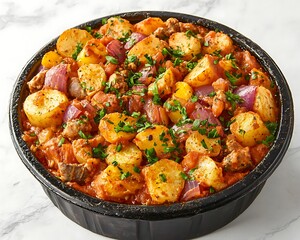Potato, Onion, and Meat Stew on Plain Surface