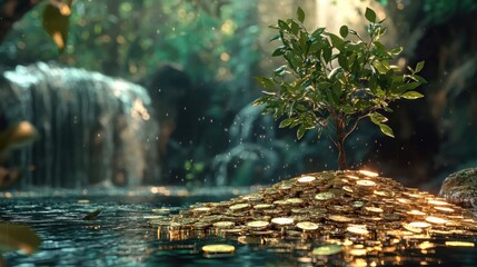 Fototapeta premium A small tree thrives on a mound of shimmering gold coins surrounded by gentle water flow and lush greenery. This serene setting symbolizes growth and prosperity