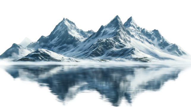 Snowy mountain range reflecting on calm water with transparent background, perfect for winter or travel projects