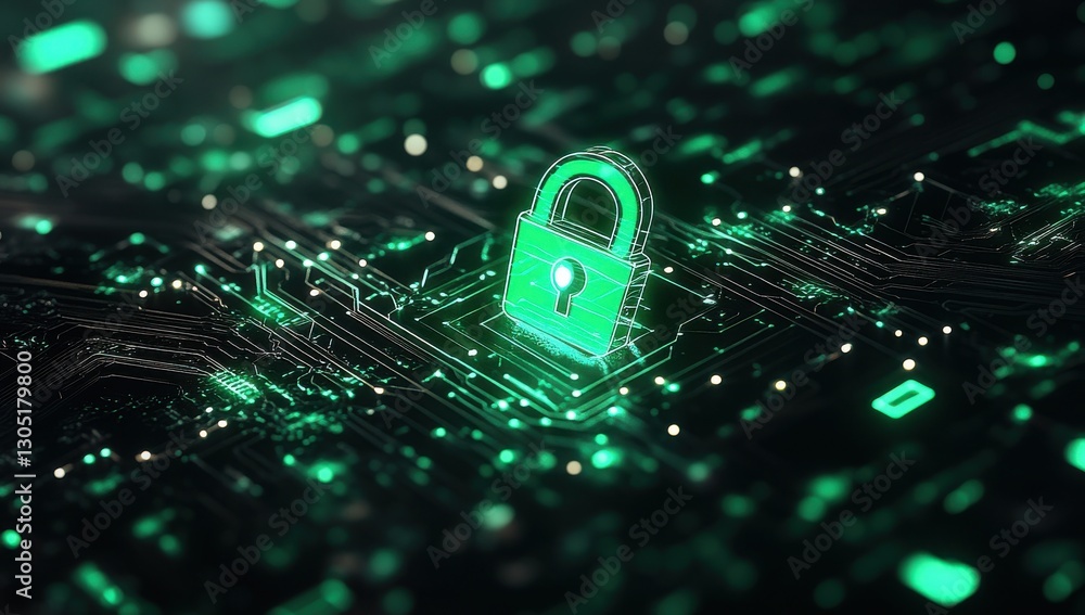 Poster digital lock symbol representing cybersecurity and data protection in a futuristic technology enviro
