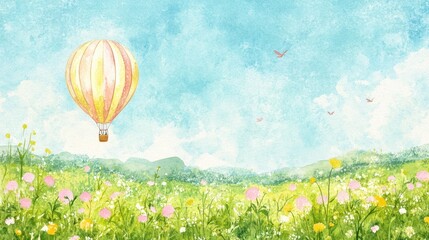 Obraz premium Summer hot air balloon adventure over lush green meadows watercolor tranquil landscape bright day