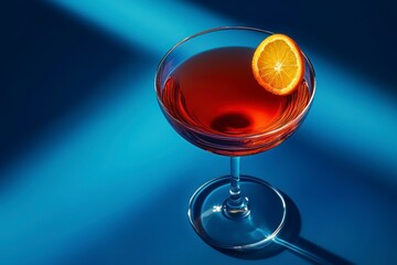Craft Cocktail with Orange Slice on Blue Background with Creative Lighting