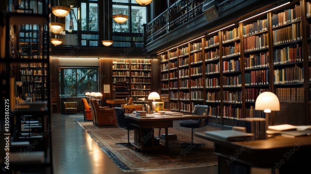 Aufkleber soft lighting illuminates a serene reading area inside a modern library filled with bookshelves. com