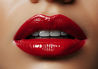 Obraz premium Close-up of glossy red lips, slightly parted to reveal white teeth. The high-shine finish enhances the bold red color, creating a luxurious, cinematic, and editorial beauty look