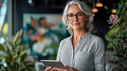 A mature woman with gray hair and glasses stands in a modern room filled with greenery. She holds a tablet, smiling confidently in a stylish outfit