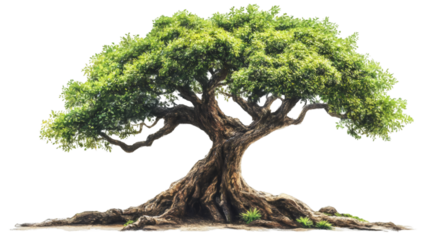 Mature leafy tree featuring robust trunk, expansive branching, verdant foliage, standing against transparent backdrop