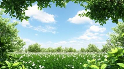 Summer flower field serenity open meadow realistic photo bright sky nature viewpoint peaceful atmosphere