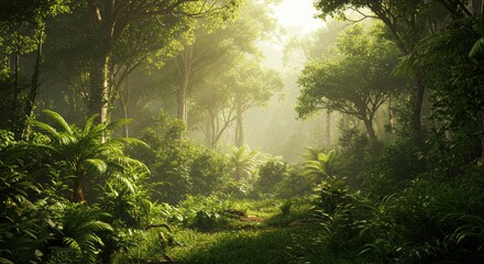 Obraz premium Lush Rainforest Pathway: a tranquil pathway meanders through a dense and vibrant rainforest, the sunlight filtering through the canopy, illuminating the verdant foliage and creating a serene.