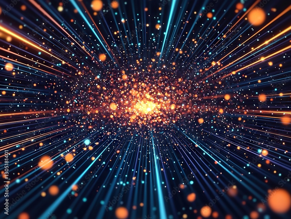 Poster dynamic light rays and particles create cosmic illumination abstract digital art dark environment fu