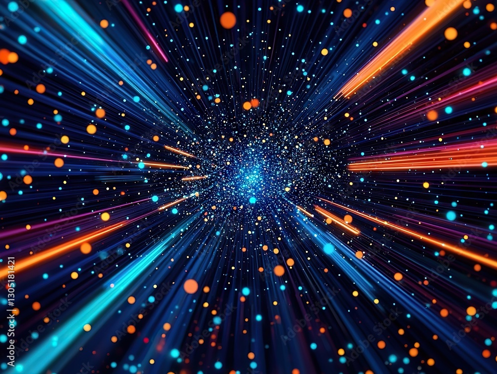 Poster dynamic light burst abstract space digital art dark environment close-up view cosmic concept design