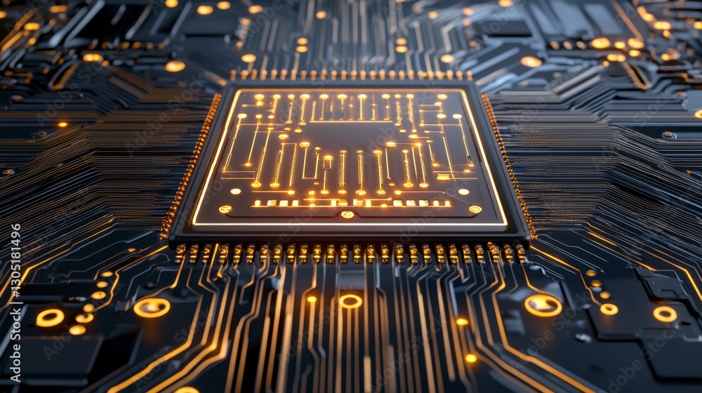 Poster close up view of a central processing unit (cpu) on a circuit board, featuring glowing gold and blac