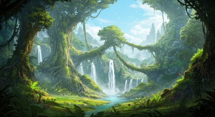 Fototapeta premium Mystical Waterfall Landscape: a fantasy landscape of cascading waterfalls and lush green foliage, an image full of enchanting mystery.