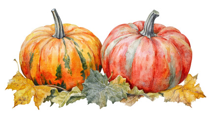 Watercolor painting of two pumpkins and autumn leaves on a transparent background, ideal for Thanksgiving or Halloween projects