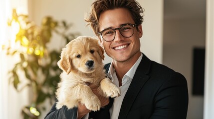 A man in a black suit smiles broadly while cradling a fluffy golden retriever puppy in his arms. The room is well-lit, creating a warm and inviting atmosphere